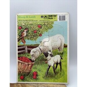 Vintage 1983 Sheep & Lamb 12 Piece Golden Frame Tray Puzzle Farm 4511B-33